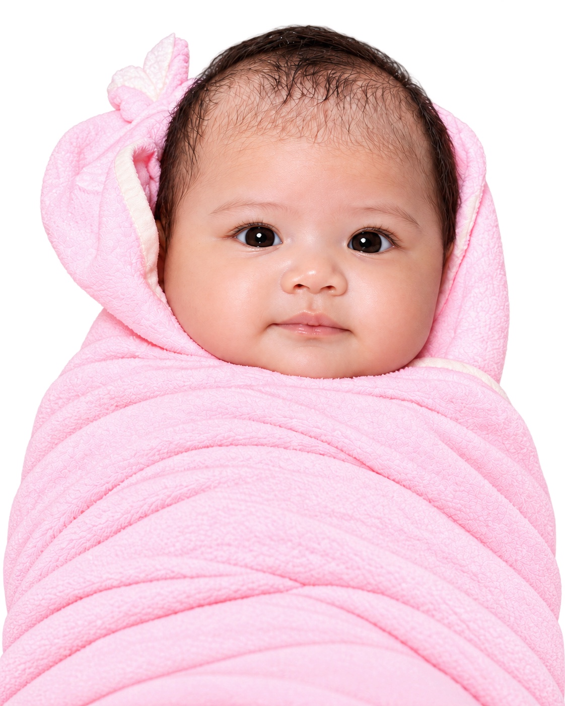 Close-up portrait of Dorothea Maeve wrapped in pink